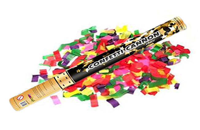 Canon à  confettis manuel de 40 cm de haut contient des confettis rectangulaires multicouleur .
Tourner la capsule pour libèrer une miriade de confettis et créer une ambiance festive .
